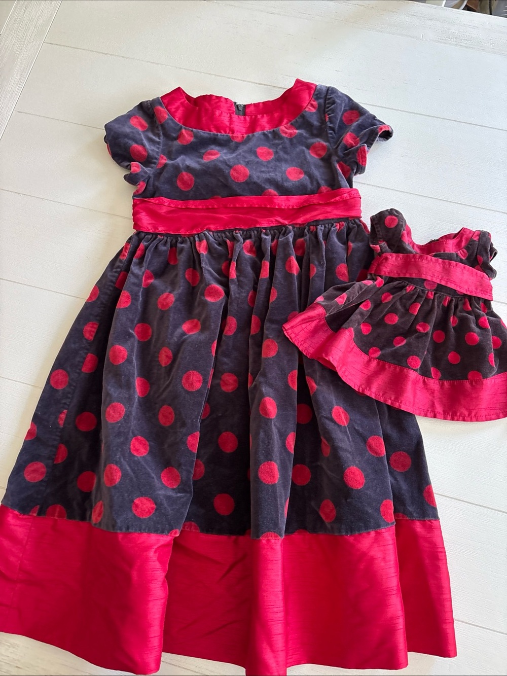 American Girl Black Dress with Bright Red Polka Dots and Matching Doll Outfit